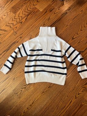 Zara White and Navy Striped Half-Zip Turtleneck Sweater